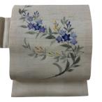 美品 名古屋帯 名品 夏帯 紬地 枝花 ベージュ 麻 中古