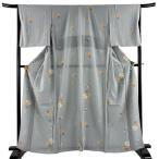 小紋 身丈162.5cm 裄丈66.5cm M 単衣 番傘 ふくら雀 金彩 青灰色 正絹 秀品 中古