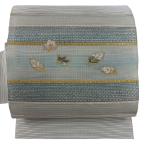 美品 名古屋帯 秀品 夏帯 絽 葉柄 縞 金銀糸 箔 薄緑 正絹 中古