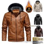 ライダースジャケット メンズ 裏起毛 レザージャケット ボア アウター 革ジャン パーカー 立ち襟 レザー フード脱着 カジュアル 防寒 秋冬