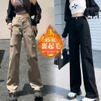 カーゴパンツ レディース 裏起毛 ワークパンツ ハイウエスト ワイドパンツ 秋冬 ロング ボトムス カーゴ 無地 カジュアル ゆったり おしゃれ