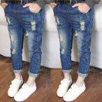 細身 ブルー 春秋 デニムパンツ女の子 女児 韓国子供服 ダメージ加工 ダメージデニム キッズ ジュニア