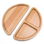 K-UNING 木製仕切り付きプレート 丸トレー 分けて使える お子様ランチ皿 シンプル収納便利 (木製半円プレート ２個セット（仕切有り無し）)