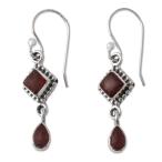 NOVICA Artisan Handmade Garnet Dangle Earrings Natural .925 Sterling Silver Indian Jewelry Red Birthstone 'Fire of Love'