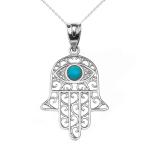 Fine Sterling Silver Hamsa Hand with Blue Stone Evil Eye Pendant Necklace 22