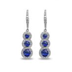 Sterling Silver Synthetic Blue Spinel Journey Halo Three-Stone Leverback Dangle Earrings for Women