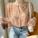 ブラウス レディース 半袖 シャツ 花柄 シフォン プルオーバー Vネック フレア袖 ゆったり 秋 母の日 ひんやり 体型カバー きれいめ 可愛い