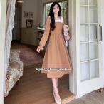 長袖春ワンピース 低身長 フレアワンピース Aラインワンピース レディース 春服 秋物 スクエアネック 白ネック 色違い切り替え 卒業式 入学式