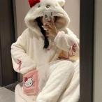パジャマ レディース もこもこ キャラクター キティちゃん 着ぐるみ ルームウェア 可愛い 冬 セットアップ パジャマセット 動物 温かい フード付き 長袖 パンツ