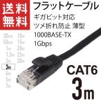 LANケーブル フラット 3m ギガ対応 CAT6 ツメ折れ防止 薄型 フラットケーブル ストレート ブラック