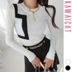 ニットレディーストップスカットソーリブ長袖タイトスリム配色バイカラー秋春冬...