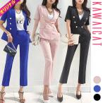 セットアップレディーススーツジャケットノーカラー半袖スラックスパンツタイト...