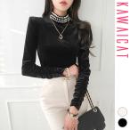 ブラウスレディース長袖タイトベロア総レーストップスカットソーハイネックパー...