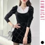 ブラウスレディース長袖タイトベロアトップスカットソー配色パブスリーブ上品お...