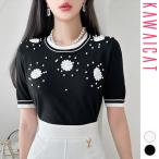 ニットレディーストップスカットソー半袖花柄プルオーバーTシャツタイトクルー...