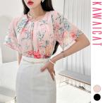 ブラウスレディース半袖トップス花柄フレアスリーブカットソーギャザーシャーリ...