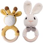 Mamimami Home おもちゃ ラトル 兎とキリン ベル入れ ２個セット 脳力開発 ぬいぐるみ 動物 ガラガラ 木製 ブナの木 カギ針編み 手指