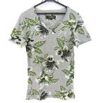 ハイドロゲン 半袖Tシャツ トップス Vネック ハイビスカス柄 レディース Mサイズ グレー×黒×緑 HYDROGEN