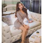 ニットワンピ タイト Vネック レディース 秋 冬 ニットワンピース ミニ丈 デート服 ワンピース 韓国風 きれいめ 20代 30代 40代 ベージュ