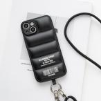 iPhone限定 スマホショルダー HMストラップ付 ダウンジャケット風 スマホケース ロゴデザイン 名入れ TPU スマホケース ストラップ付き iphone メール便送料無料