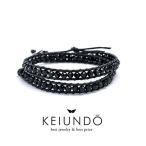 KEIUNDO レザー 2連 ラップ ブレスレット ブラック クリスタル レザー 巾着袋付き レディース メンズ