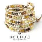 KEIUNDO レザー 5連 ラップ ブレスレット 天然石 アゲート グリーンベージュE 本革 巾着袋付き レディース