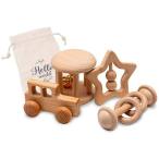 Promise Babe ガラガラ ラトル ミニカー 4点セット 木製おもちゃ 赤ちゃん 天然木 無塗装 カミカミ 木のおもちゃ 出産祝い (星)