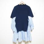 美品 23SS Snidel スナイデル バックフレアミニニットAラインワンピ 長袖 ドッキング チュニックシャツ SWNO231009 F ネイビー×ブルー レディース 古着 中古