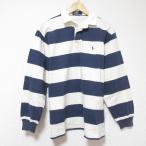 美品 Polo by Ralph Lauren ポロバイラルフローレン ボーダー柄 長袖 ラガーシャツ ポロシャツ カットソー L ネイビー×ホワイト メンズ 古着 中古