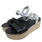 ショッピングMIUMIU 良品 miumiu ミュウミュウ エスパドリーユ プラットフォーム ビジューサンダル 37 23.5cm相当 ブラック シルバーカラー レディース 古着 中古