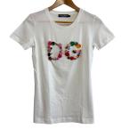 美品 DOLCE&GABBANA ドルチェ&ガッバーナ 半袖 クルーネック ビーズ×ボタン DGロゴ Tシャツ カットソー 38 ホワイト レディース 古着 中古