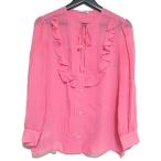 美品 miumiu ミュウミュウ フリル プリーツ リボン シルク シアー ブラウス 42サイズ ピンク レディース 古着 中古