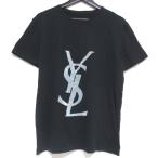 美品 YVES SAINT LAURENT rive gauche イヴサンローランリヴゴーシュ カサンドラロゴ フロッキープリント Tシャツ ブラック メンズ 古着 中古