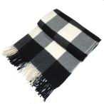 美品 Johnstons of Elgin ジョンストンズオブエルガン チェック柄 カシミヤ100% 大判 フリンジストール マフラー ブラック×ホワイト レディース 古着 中古