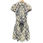 良品 BURBERRY BLUE LABEL バーバリーブルーレーベル ノバチェック柄 ひざ丈 フレンチスリーブ プリーツシャツワンピース 36 ベージュ レディース 古着 中古
