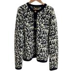 美品 Drawer ドゥロワー フラワージャガード ノーカラージャケット 6515-299-0550 ネイビー ホワイト レディース 古着 中古