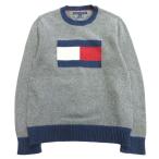ショッピングHILFIGER 美品 TOMMY HILFIGER トミーヒルフィガー ロゴ ニット セーター カットソー クルーネック 長袖 L グレー系 メンズ 古着 中古