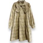 未使用 mezzo piano junior メゾピアノジュニア チェック柄 長袖 リボン ひざ丈 ワンピース S(140) イエロー×ベージュ キッズ 古着 中古