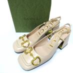 未使用 GUCCI グッチ ホースビット バックストラップ スクエアトゥ チャンキーヒール パンプス 36 23cm相当 ベージュ×ゴールド金具 レディース 古着 中古