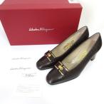 未使用 Salvatore Ferragamo サルヴァトーレフェラガモ クロコ型押し ゴールドモチーフ スクエアトゥ パンプス 6.5D 24cm ブラック レディース 古着 中古