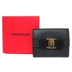 新品同様 Salvatore Ferragamo サルヴァトーレフェラガモ ヴァラリボン ダブルホック コンパクトウォレット 財布 ブラック×ゴールド レディース 古着 中古