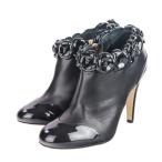 未使用 CHANEL シャネル カメリア パテント×レザー ショートブーツ ブーティ G31795 サイズ37 23.5cm程度 ブラック レディース 古着 中古