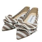  прекрасный товар Offeno крыло pointed-FRIN полоса оборка плоская обувь туфли-лодочки размер 36 23cm белый × Brown женский б/у одежда б/у 