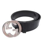 良品 GUCCI グッチ 114984 インターロッキングG ロゴバックル レザーベルト ハトメタイプ 38mm幅 80.32 黒 ブラック シルバー メンズ 古着 中古