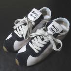 未使用 24AW miumiu ミュウミュウ PLUME SNEAKERS USED加工 プリュムスニーカー 5E114E 36.5 23.5cm ホワイト×ネイビー レディース 古着 中古