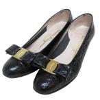 良品 Salvatore Ferragamo サルヴァトーレフェラガモ ヴァラリボン クロコ型押し パンプス サイズ5 1/2 23.0cm相当 ブラック レディース 古着 中古