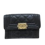 ショッピングCHANEL 新品同様 CHANEL シャネル ボーイシャネル キャビアスキン スモールウォレット コンパクト 三つ折り財布 ブラック レディース 古着 中古