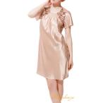 シルクネグリジェ 19匁シルク100% ナイトウェア パジャマ サーモンピンク 無地 花柄 刺繍