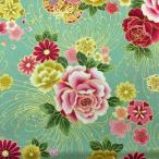 和柄生地・和風花柄着物風鼓と扇と花模様(ライトグリーン)/生地・和柄・和調・手芸・布地・綿・布・和布 1m単位