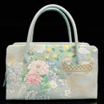 バッグ 利休型 唐織 西陣 日本製 正絹 帯地薄 渋 水色地 牡丹 桔梗 花瓶 フォーマル 結婚式 入学式 卒業式 入園式 卒園式 お茶席 ハンドバック 和装 着物 k2228